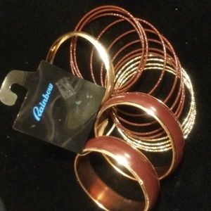 RAINBOW 15 Assorted Oversized Bangle Bracelets Two-tone Gold + Wine Red Burgundy